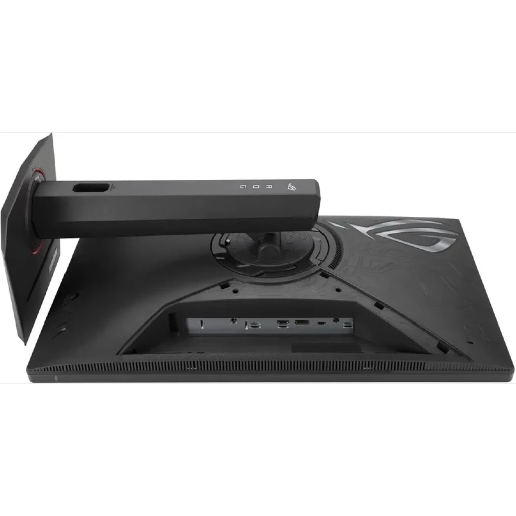 Parte trasera del monitor ASUS ROG Strix XG27UCG 27 4K: carcasa negra con grabados ROG, soporte robusto ajustable y puertos HDMI, DisplayPort y USB