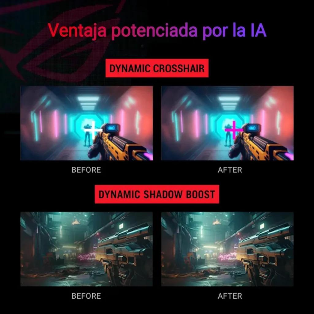 ASUS ROG Strix XG27UCG 27" 4K: panel LCD negro con mejoras IA como Dynamic Crosshair y Dynamic Shadow Boost, comparación antes y después en juegos