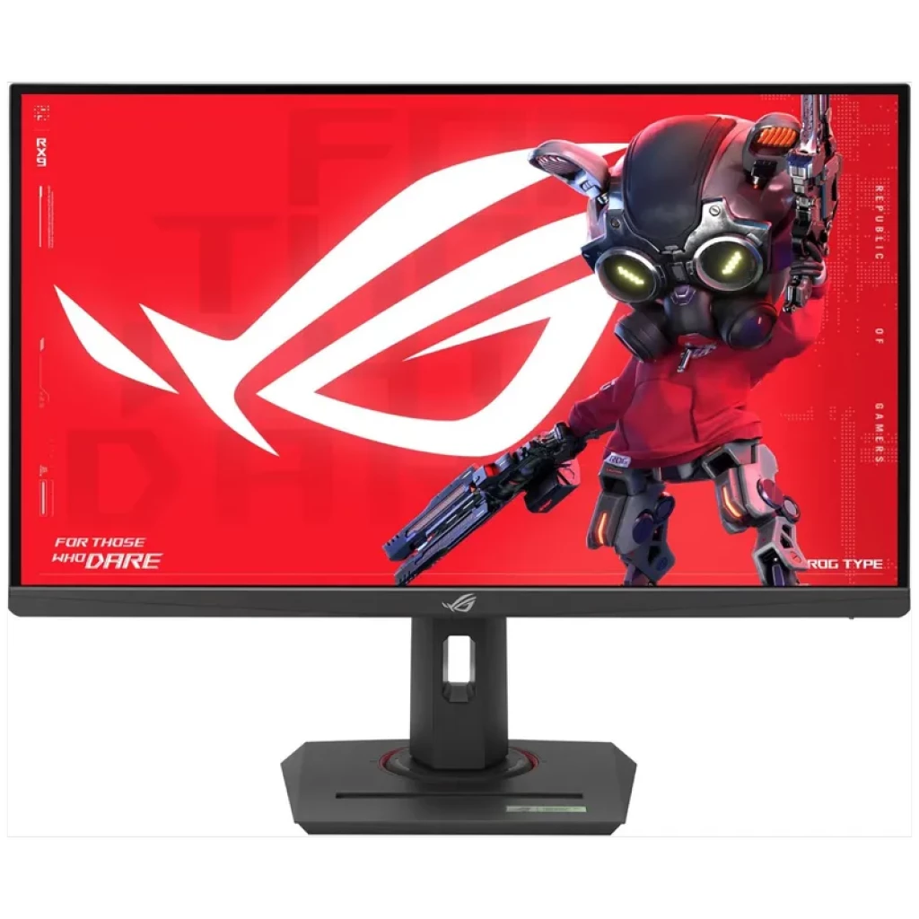 Monitor gaming ASUS ROG Strix XG27UCG 27 pulgadas 4K con panel LCD negro, biseles finos, base robusta ajustable y pantalla con arte ROG en rojo vibrante