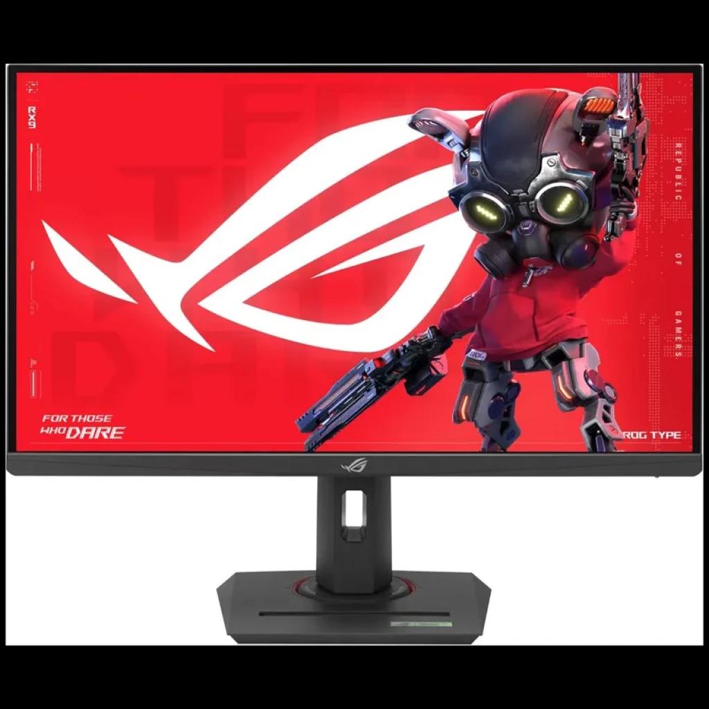 Monitor gaming ASUS ROG Strix XG27UCG 27 pulgadas 4K con panel LCD negro, biseles finos, base robusta ajustable y pantalla con arte ROG en rojo vibrante
