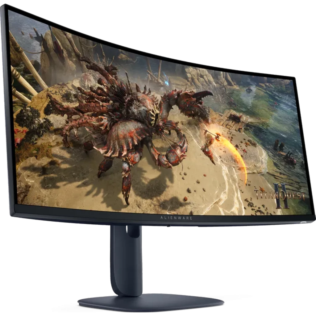 Monitor curvo 34 polegadas Wide QHD, 180 Hz, bordas finas e base robusta preta; tela ultrawide imersiva ideal para jogos com cores vivas e alto contraste