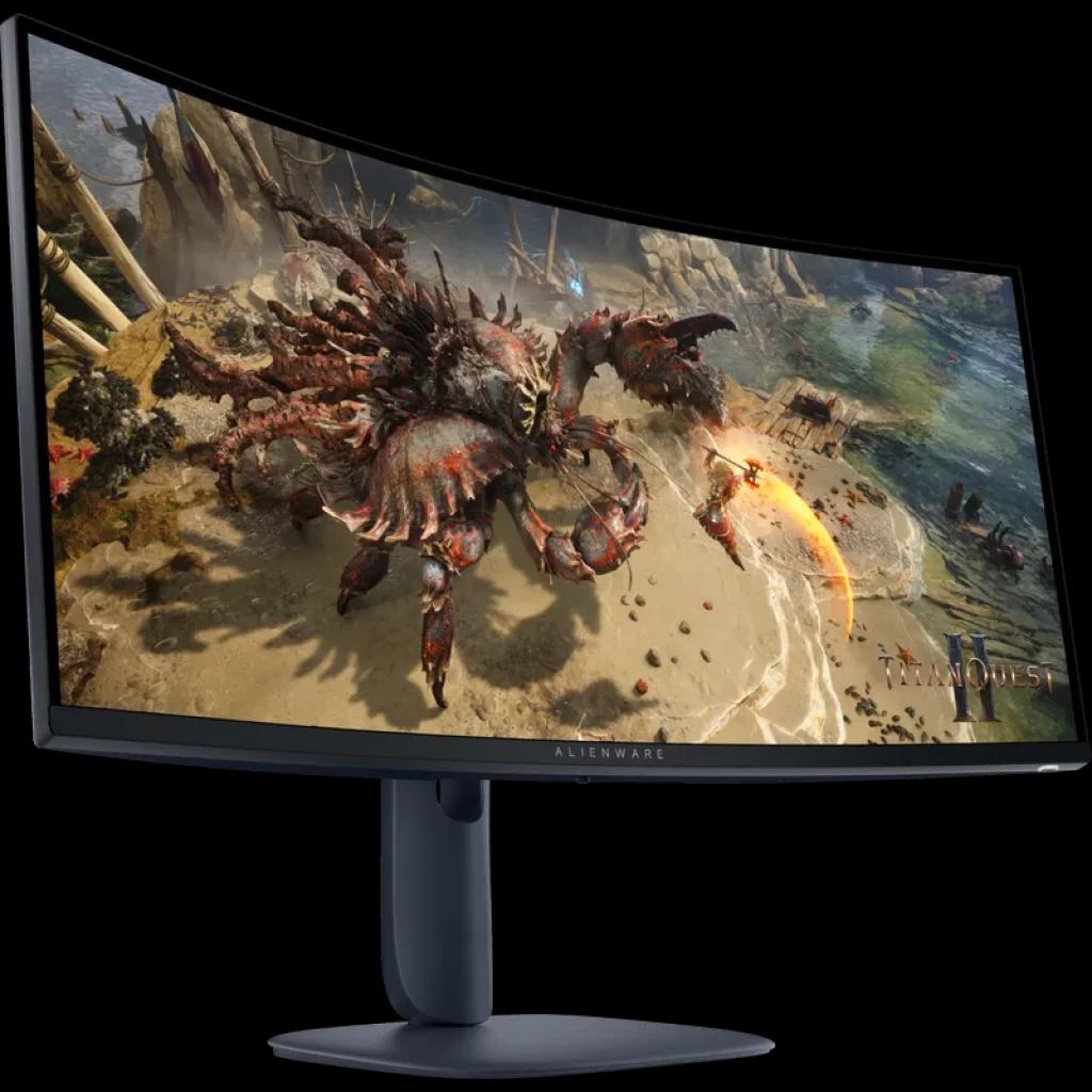 Monitor curvo 34 polegadas Wide QHD, 180 Hz, bordas finas e base robusta preta; tela ultrawide imersiva ideal para jogos com cores vivas e alto contraste