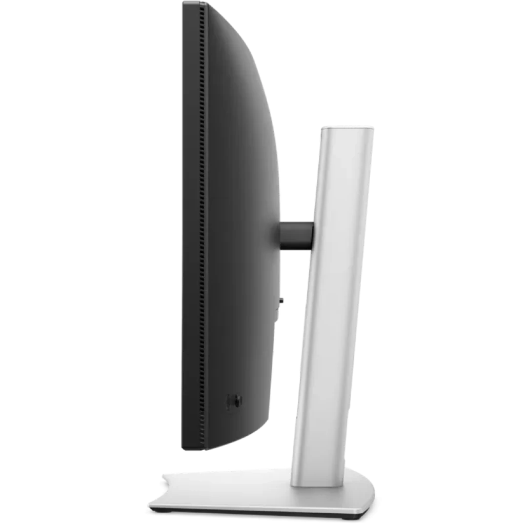 Monitor curvo preto visto de lado, tela ultrawide 34 polegadas, bordas finas, suporte robusto em cinza, perfil delgado com ventilação traseira