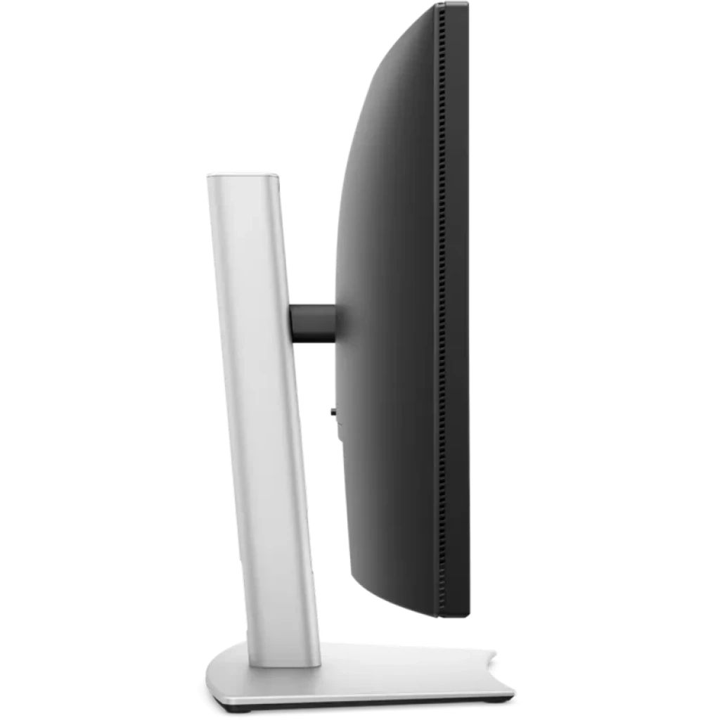 Perfil lateral do monitor curvo preto de 34 polegadas, tela ultrawide fina, molduras discretas, suporte robusto em metal branco, design gamer Alienware