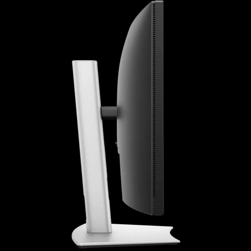 Perfil lateral do monitor curvo preto de 34 polegadas, tela ultrawide fina, molduras discretas, suporte robusto em metal branco, design gamer Alienware