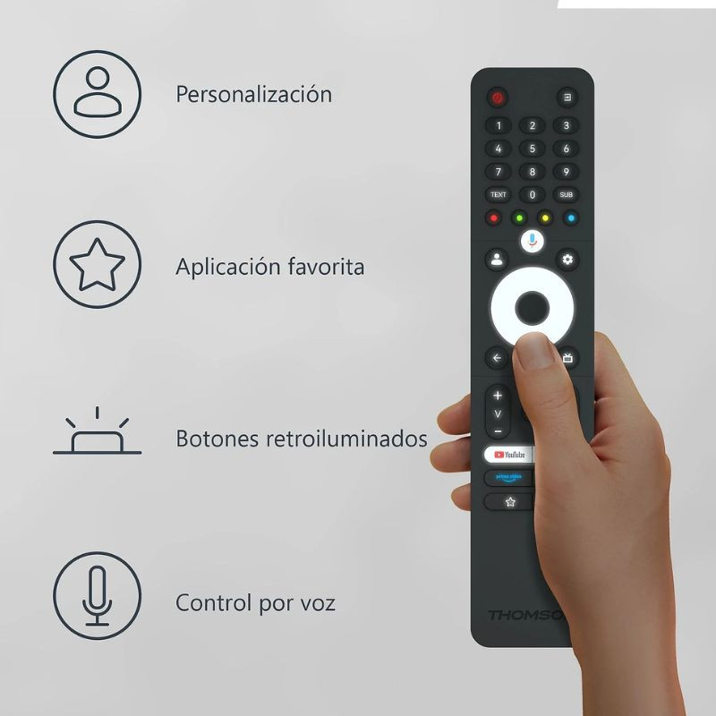 Mando a distancia para THOMSON 40FQG3S15: diseño ergonómico, botones retroiluminados, control por voz, acceso rápido a apps y personalización.