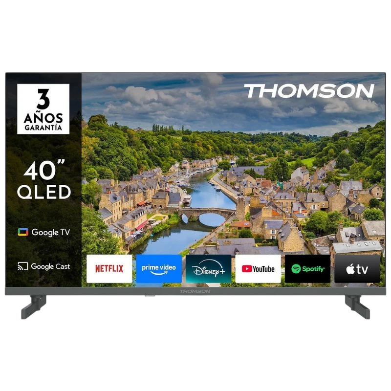 THOMSON 40FQG3S15 40" Smart TV QLED con Google TV, biseles delgados y peana doble; apps: Netflix, Prime Video, Disney+, YouTube, Spotify y Apple TV.