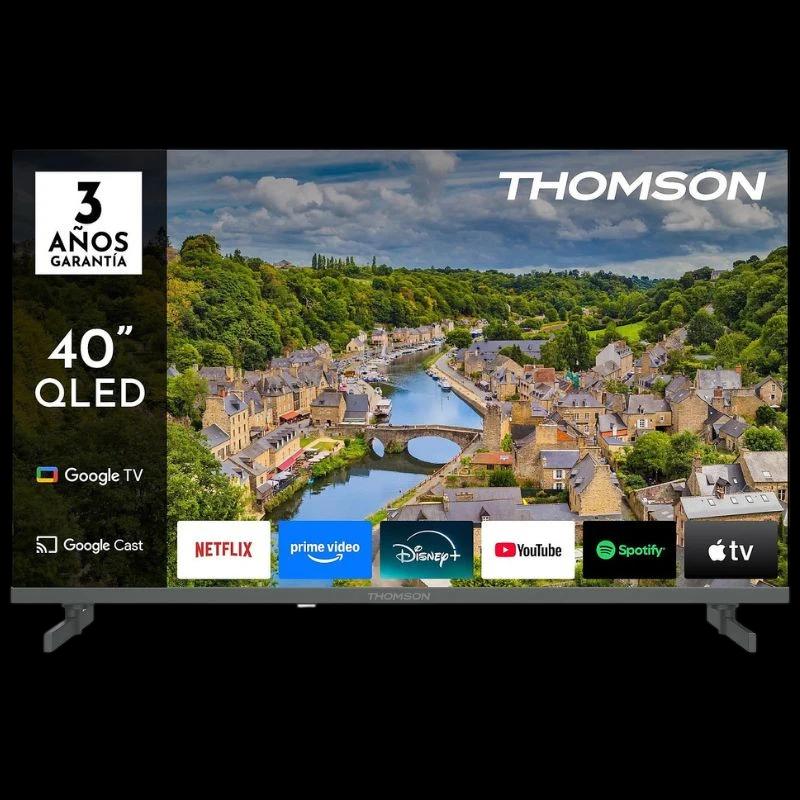 THOMSON 40FQG3S15 40" Smart TV QLED con Google TV, biseles delgados y peana doble; apps: Netflix, Prime Video, Disney+, YouTube, Spotify y Apple TV.