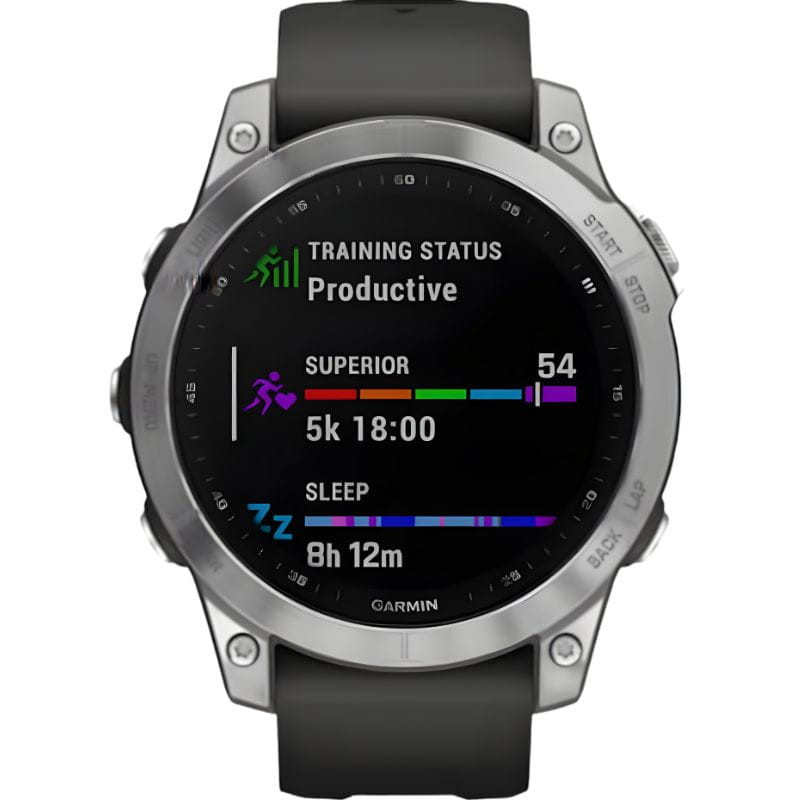 Relógio Garmin Fénix 7, caixa prata 47 mm, três botões laterais, moldura robusta e pulseira cinza de silicone. Renovado – Condição Premium.