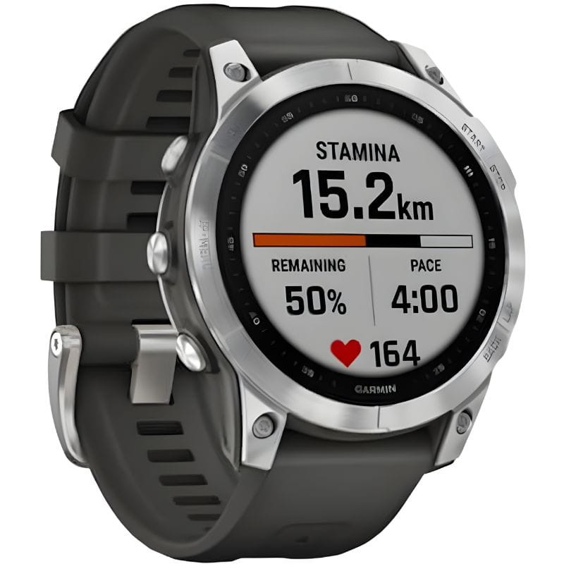 Garmin Fénix 7 cinzento/prateado, 47 mm. Tampa traseira metálica, sensores cardíacos verdes, pulseira cinza com fivela prateada. Renovado Premium.