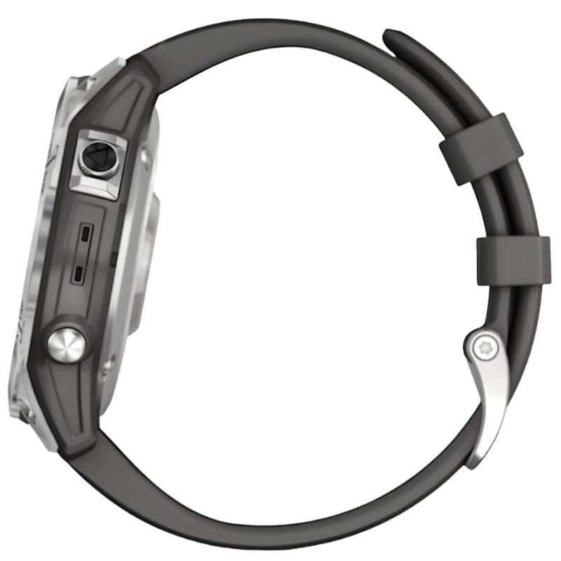 Garmin Fénix 7 cinzento prateado, caixa 47 mm, ecrã a cores com métricas de treino/sono, moldura em metal, botões laterais, pulseira de silicone cinza.