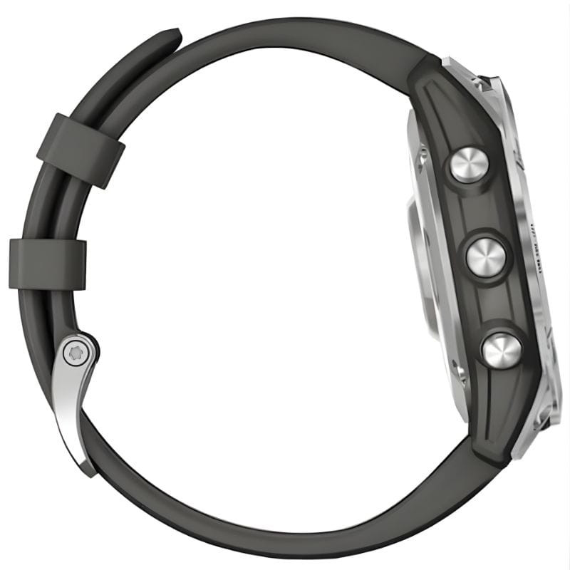 Garmin Fénix 7 cinzento prateado, caixa 47 mm, pulseira cinza. Bisel metálico, visor com métricas de corrida (distância, pace, coração). Renovado Premium.