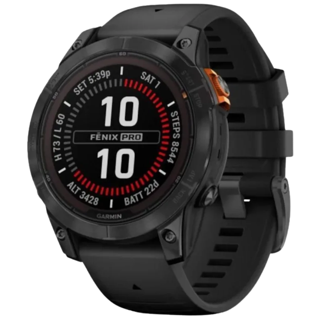 Garmin Fénix 7 Pro Solar 47 mm preto com caixa robusta, bisel escuro, botão laranja, pulseira de silicone e tela circular com mostrador digital esportivo