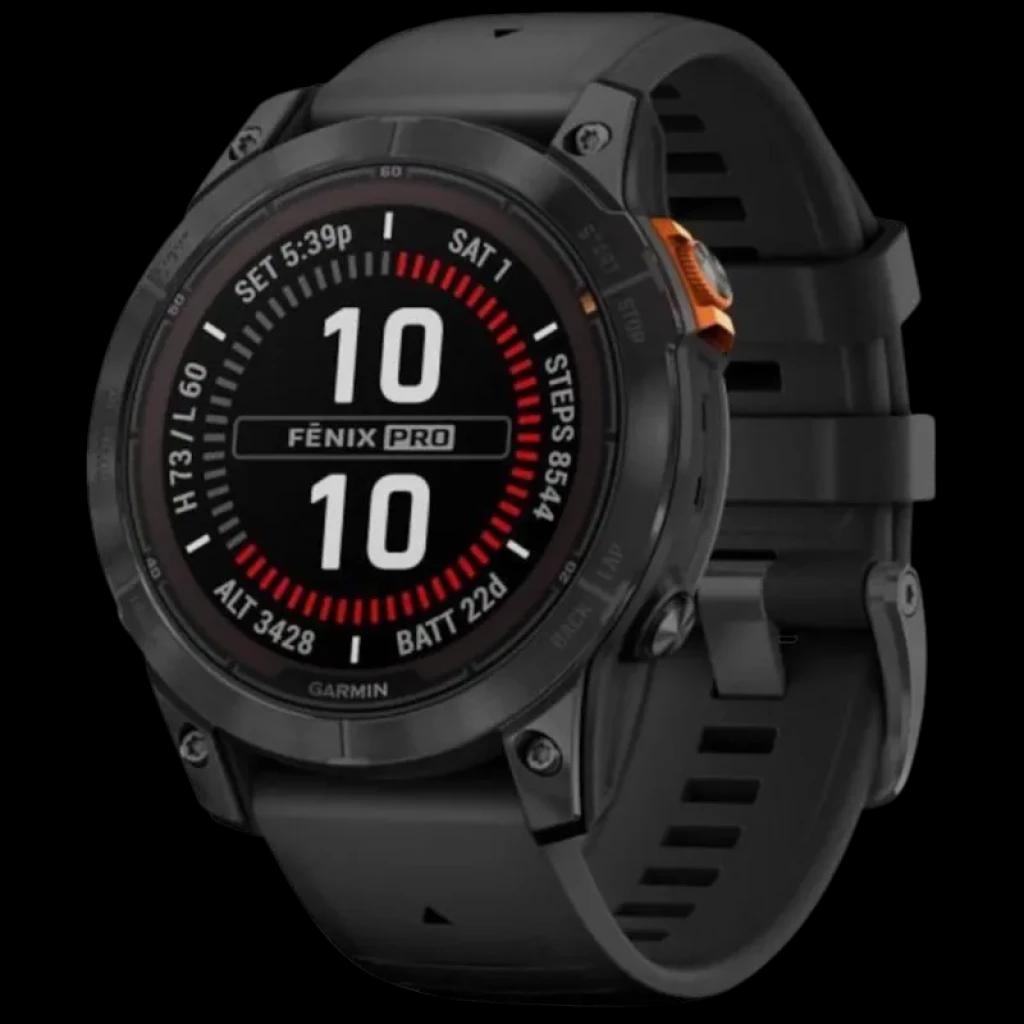 Garmin Fénix 7 Pro Solar 47 mm preto com caixa robusta, bisel escuro, botão laranja, pulseira de silicone e tela circular com mostrador digital esportivo
