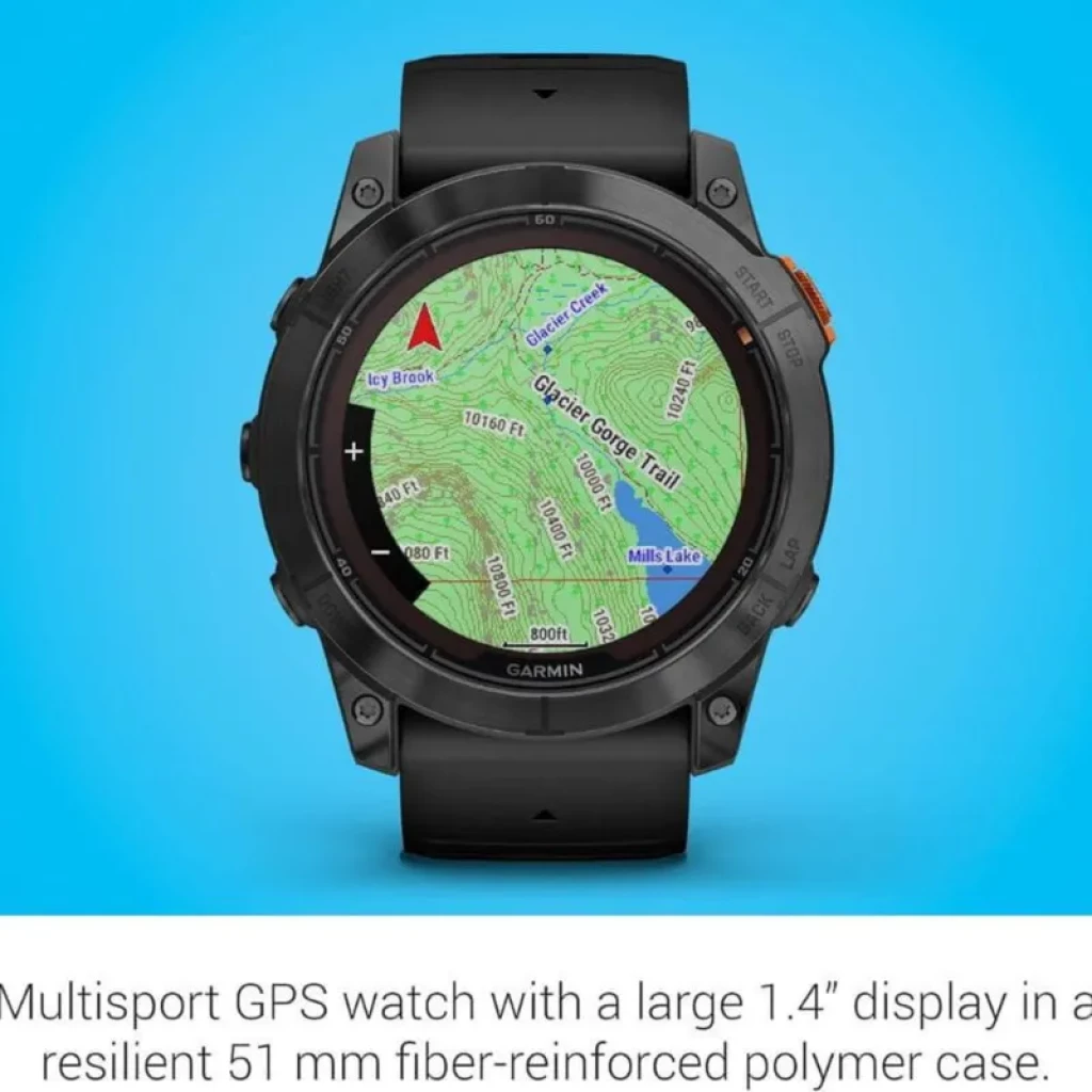 Garmin Fénix 7 Pro Solar 47 mm preto, caixa robusta em polímero reforçado, tela 1,4 pol colorida com mapa topográfico e botões laterais