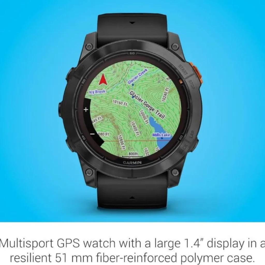 Garmin Fénix 7 Pro Solar 47 mm preto, caixa robusta em polímero reforçado, tela 1,4 pol colorida com mapa topográfico e botões laterais