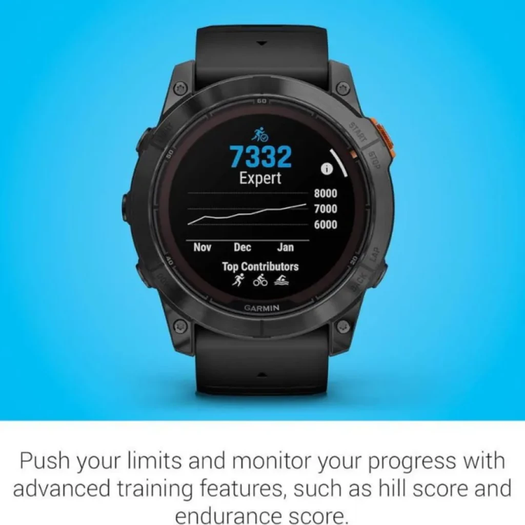 Garmin Fénix 7 Pro Solar 47 mm preto, mostrador redondo com tela digital, botões laterais, pulseira de silicone, métricas de treino e navegação avançada