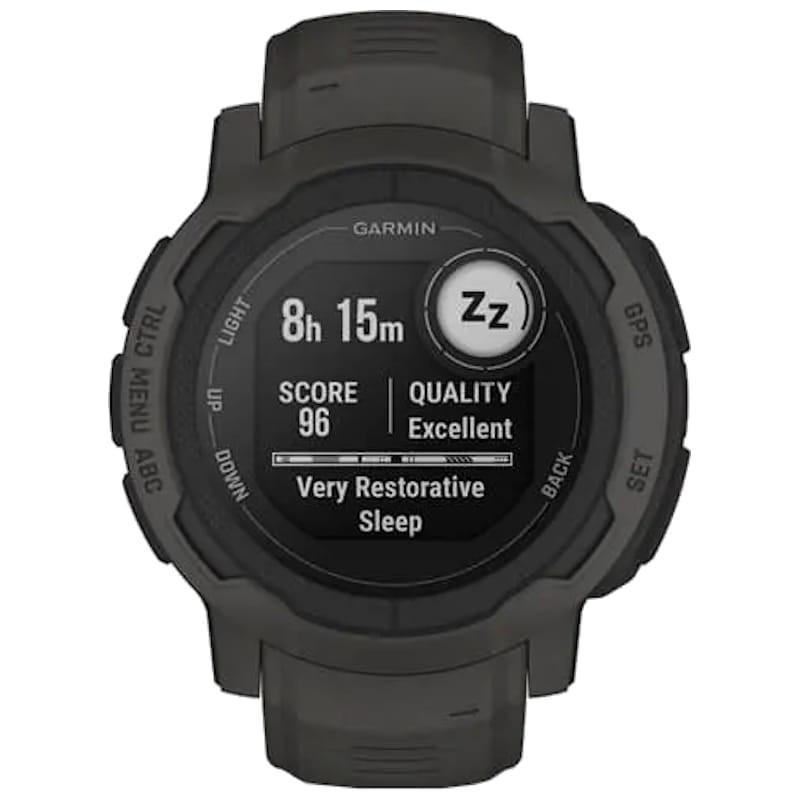 Garmin Instinct 2 negro renovado: reloj robusto con GPS, pantalla monocroma, botones laterales, bisel resistente y métricas de sueño en pantalla.