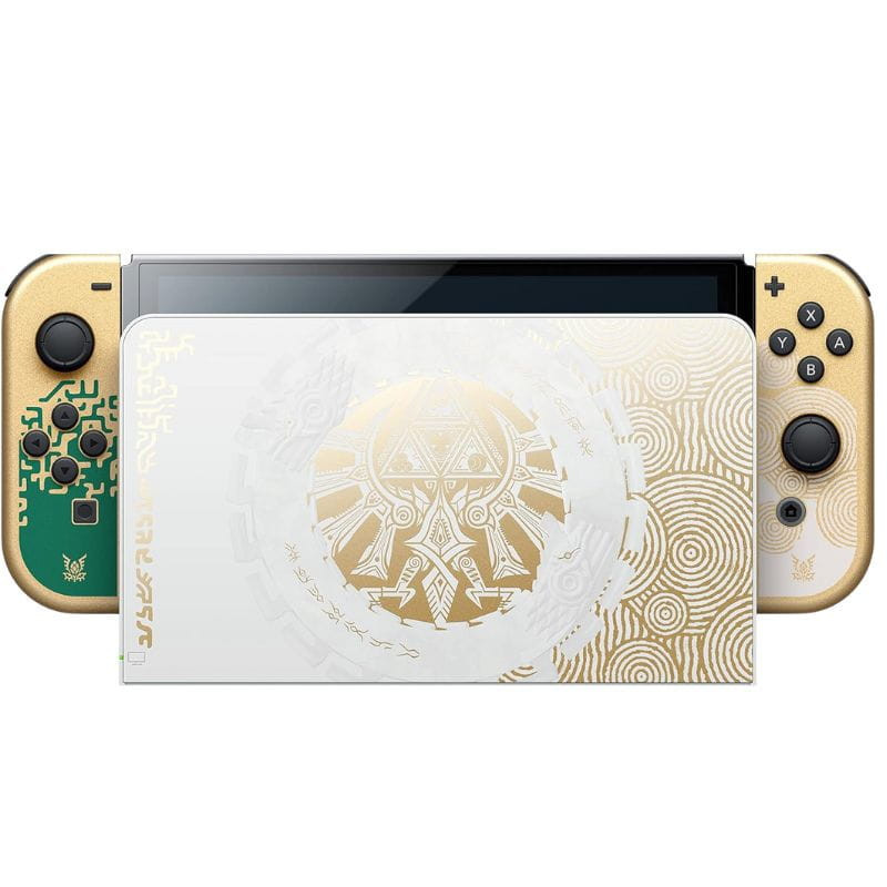 Nintendo Switch OLED Edición Zelda renovado: Joy-Con dorados con símbolos Hylian, dock blanco con motivos dorados. Estado premium, embalaje neutro.