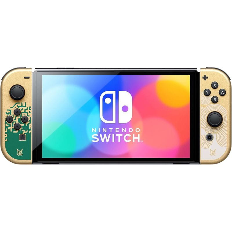 Nintendo Switch OLED Edición Zelda renovado: Joy‑Con dorados con motivos Hylian verde/blanco, pantalla OLED vibrante, estado premium, embalaje neutro.