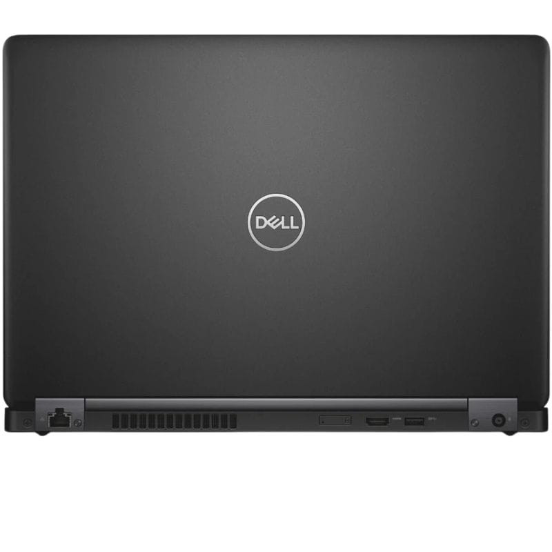 Couvercle noir mat Dell Latitude 5490 avec logo Dell centré, charnières robustes, ports latéraux visibles et finition sobre type professionnel