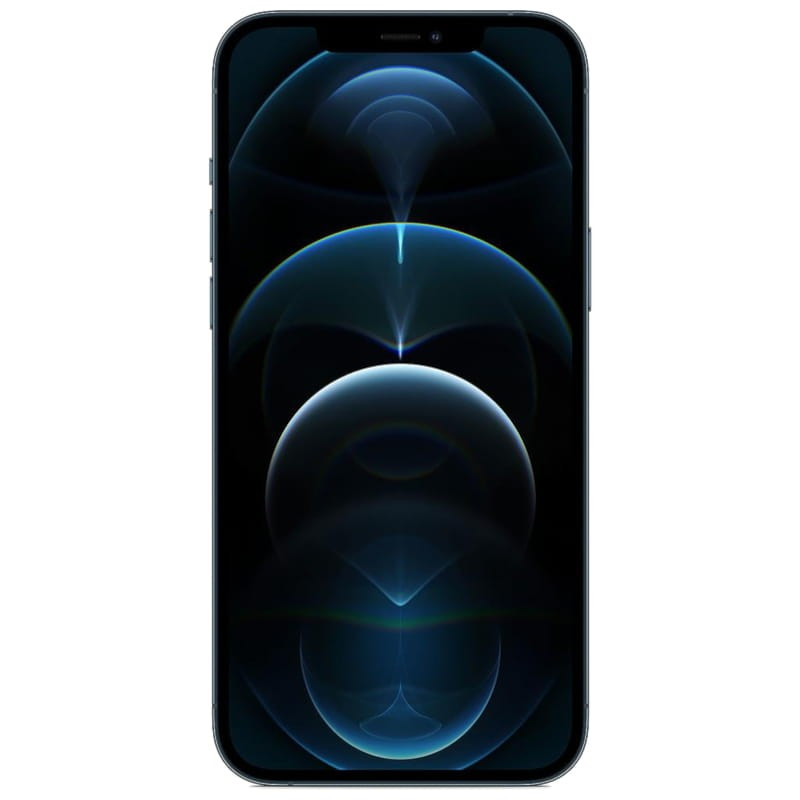 iPhone 12 Pro Max azul pacífico, tela grande sem bordas, notch superior, vidro brilhante, acabamento premium. Modelo renovado 512GB em excelente condição.