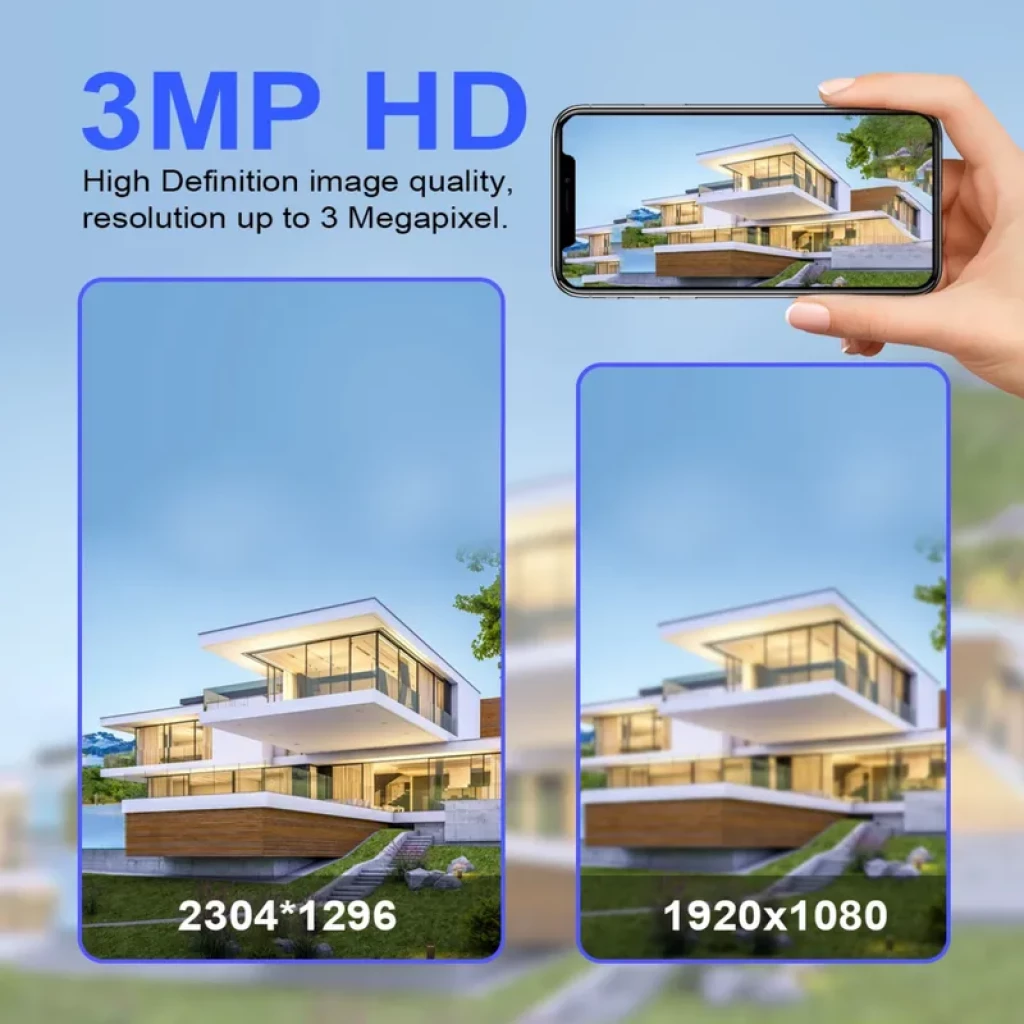 Écran montrant flux 3 MP HD sur smartphone, comparaison de résolutions 2304×1296 vs 1920×1080, mise en avant de la netteté pour surveillance extérieure