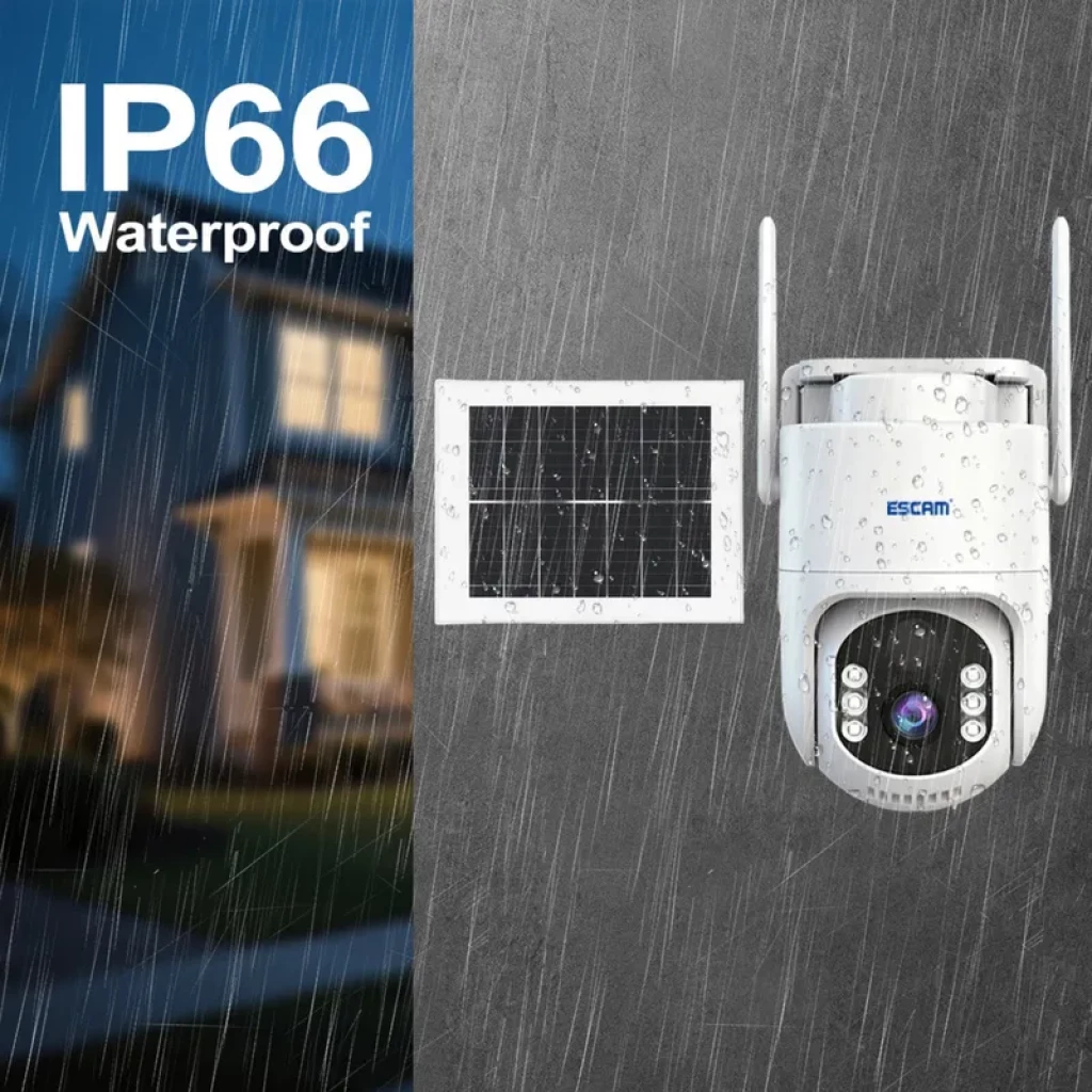 ESCAM QFS71 4G LTE IP66 sous la pluie, caméra PTZ 3 MP avec vision nocturne couleur, alarme PIR, audio bidirectionnel et panneau solaire externe