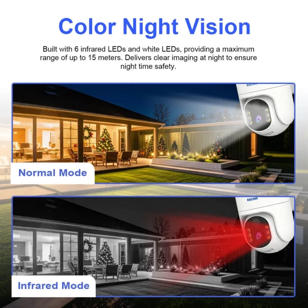 Caméra ESCAM QFS71 4G LTE avec vision nocturne couleur 3 MP, LEDs IR et blanches, portée 15 m, PTZ, alarme PIR, audio bidirectionnel, panneau solaire