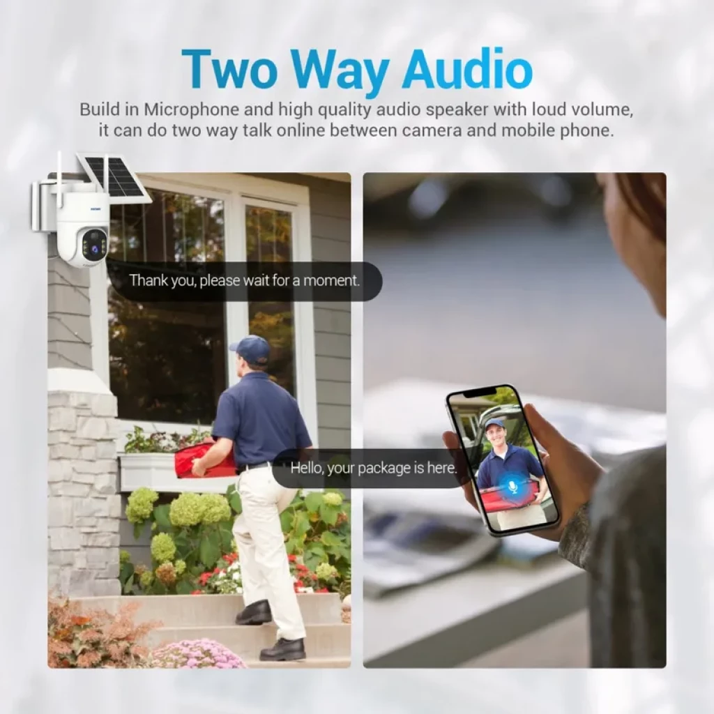 Caméra ESCAM QFS71 4G LTE 3 MP avec panneau solaire, PTZ, vision nocturne couleur, alarme PIR et audio bidirectionnel via microphone et haut-parleur
