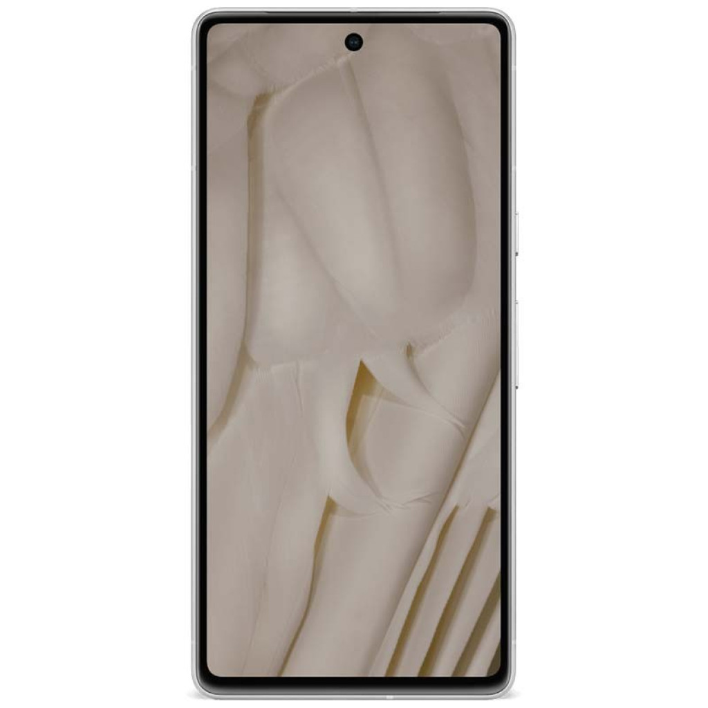 Pantalla frontal del Google Pixel 7 5G blanca con biseles delgados, cámara selfie centrada en orificio y panel encendido mostrando fondo beige minimalista