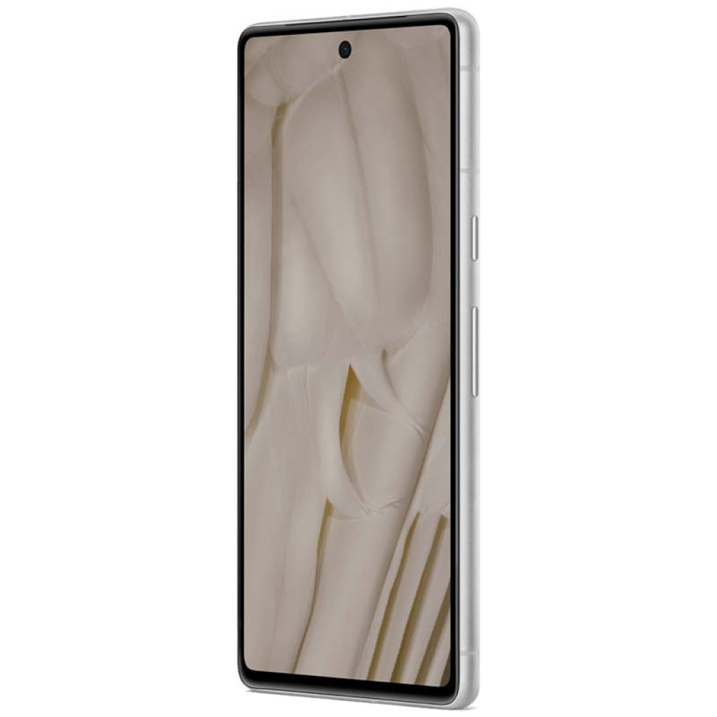 Google Pixel 7 5G blanco, pantalla OLED casi sin bordes con cámara frontal centrada, borde lateral plateado con botones de volumen y encendido