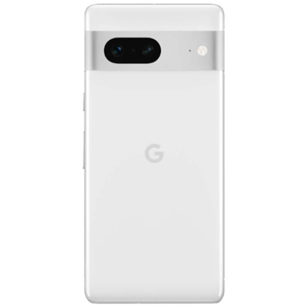 Parte trasera del Google Pixel 7 5G blanco con banda de cámara horizontal negra, doble lente y flash; acabado mate con logo G centrado. Clase B reacondicionado