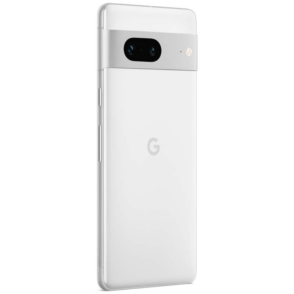 Google Pixel 7 5G blanco con barra de cámara horizontal negra, doble lente y flash; chasis metálico claro, trasera mate con logo G; botones laterales