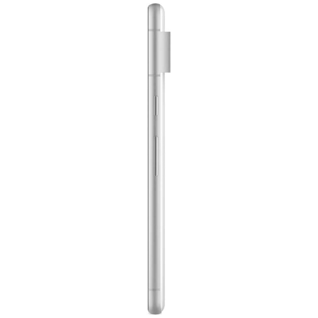 Lateral del Google Pixel 7 5G blanco con marco metálico delgado, botones de volumen y encendido, y módulo de cámara sobresaliente tipo barra.