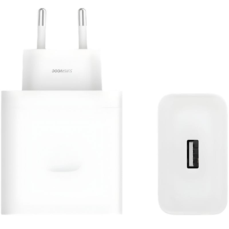 Cargador de pared blanco con enchufe europeo y un puerto USB‑A negro. Diseño compacto, bordes suaves, marca SuperVooc visible, potencia 120W.