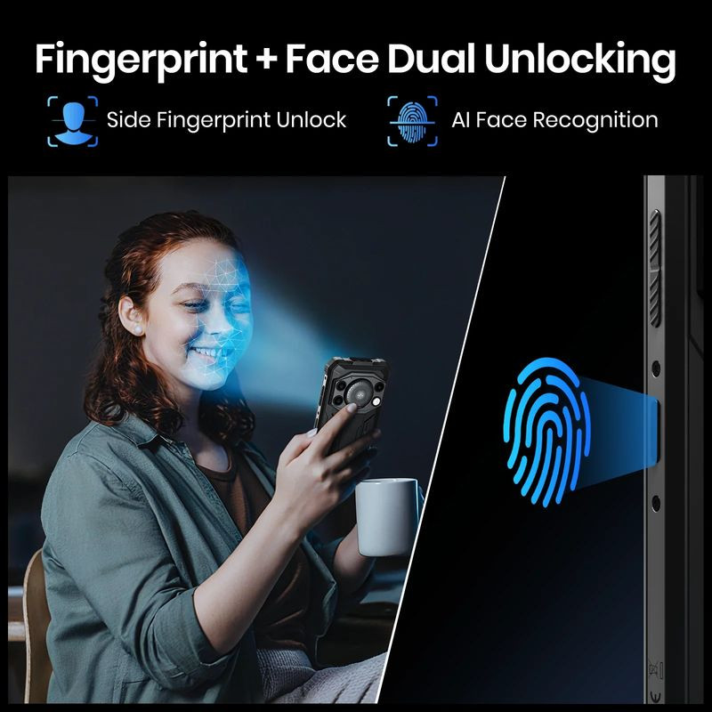 Fossibot F110 Pro 5G Orange, 8Go/128Go. Double déverrouillage: empreinte latérale et reconnaissance faciale IA. Design robuste, bords texturés.
