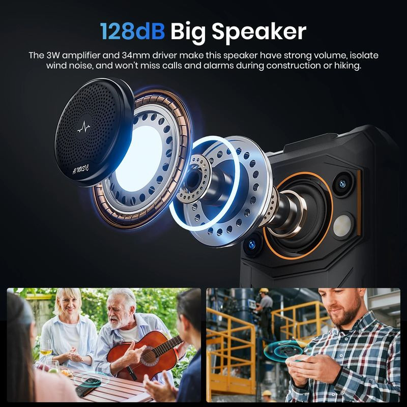 Haut-parleur 128 dB du Fossibot F110 Pro 5G, amplificateur 3W et driver 34 mm, son puissant, réduction du vent, alertes claires en extérieur; coloris orange.