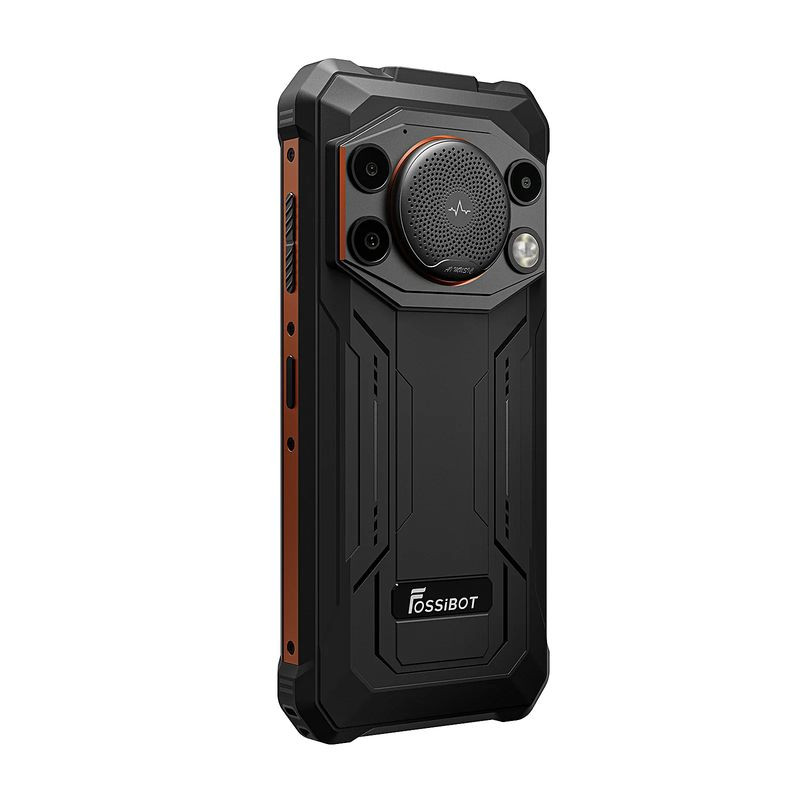 Fossibot F110 Pro 5G, dos robuste noir/orange, module circulaire avec haut-parleur central, triple capteurs et flash, bords renforcés, 8Go/128Go.