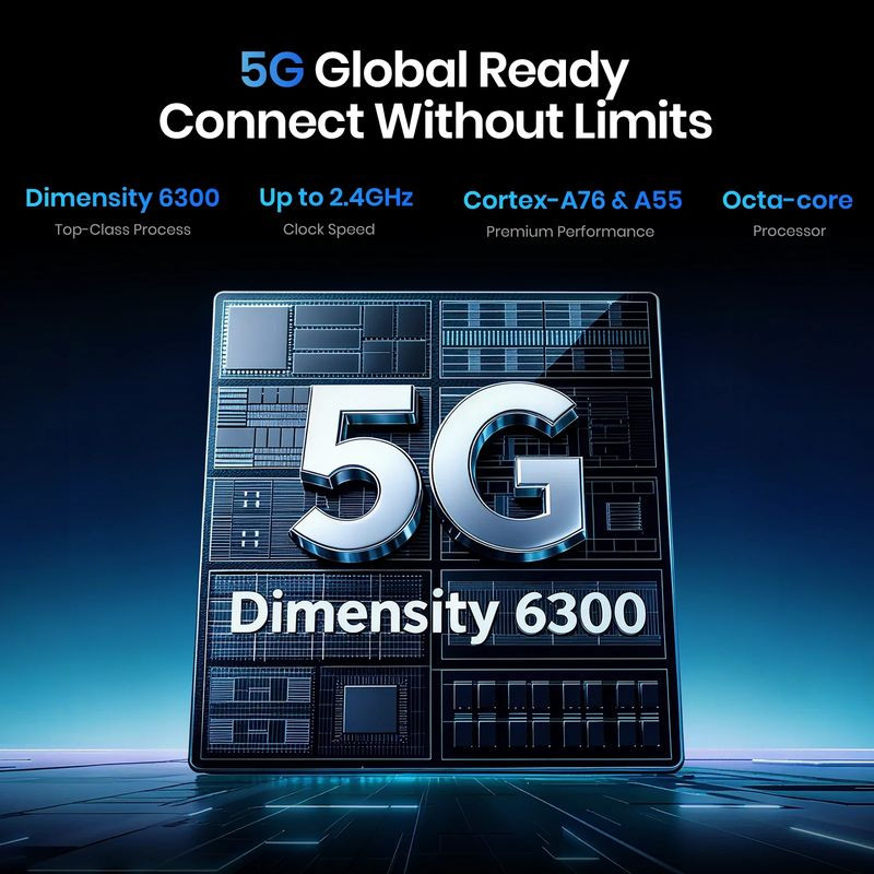 Puce 5G Dimensity 6300: octa‑cœur A76/A55 jusqu’à 2,4 GHz. Performance premium pour Fossibot F110 Pro 5G 8Go/128Go, coloris orange.