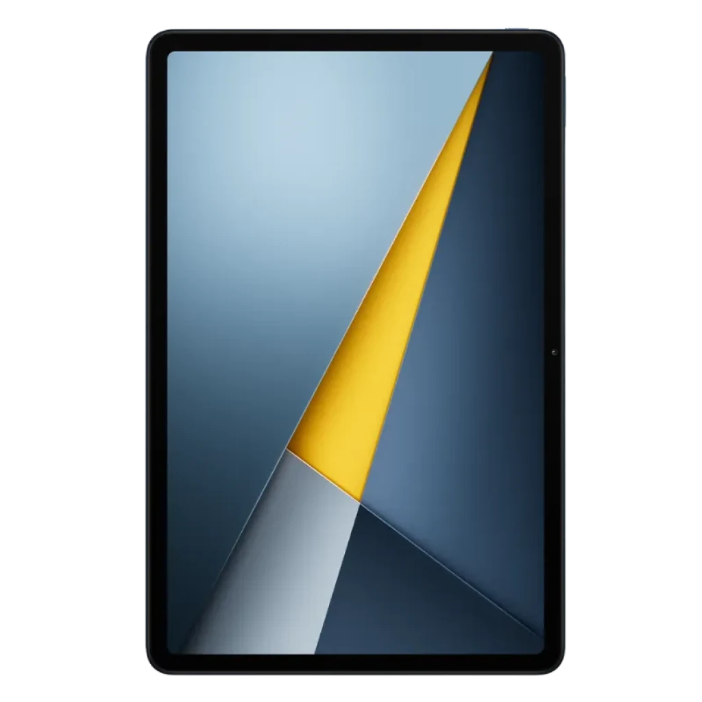 Xiaomi Poco Pad M1 Wifi 8GB 256GB Azul con pantalla amplia de bordes delgados, marco metálico oscuro y diseño frontal minimalista con acento amarillo