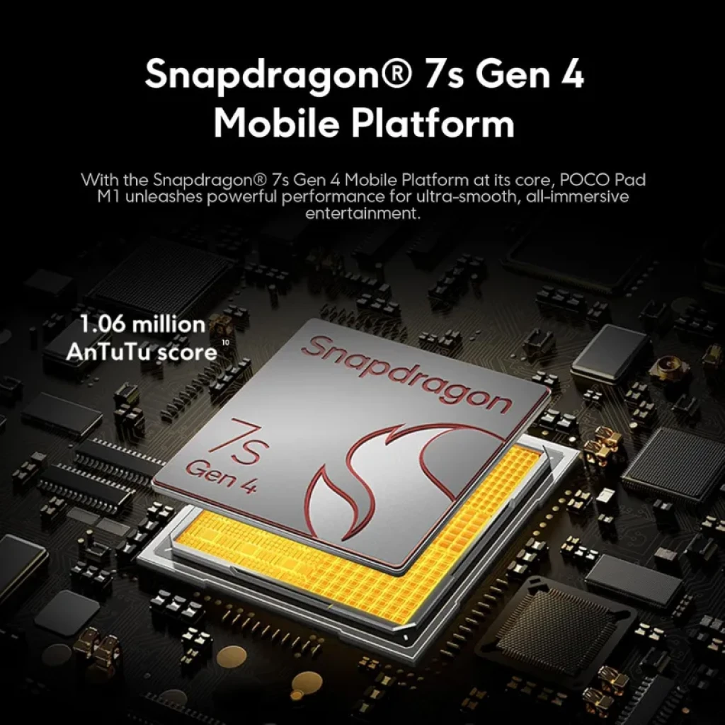 Chip Snapdragon 7s Gen 4 en placa, resaltado sobre circuitos dorados; texto indica 1.06 million en AnTuTu y plataforma móvil para rendimiento fluido en Poco