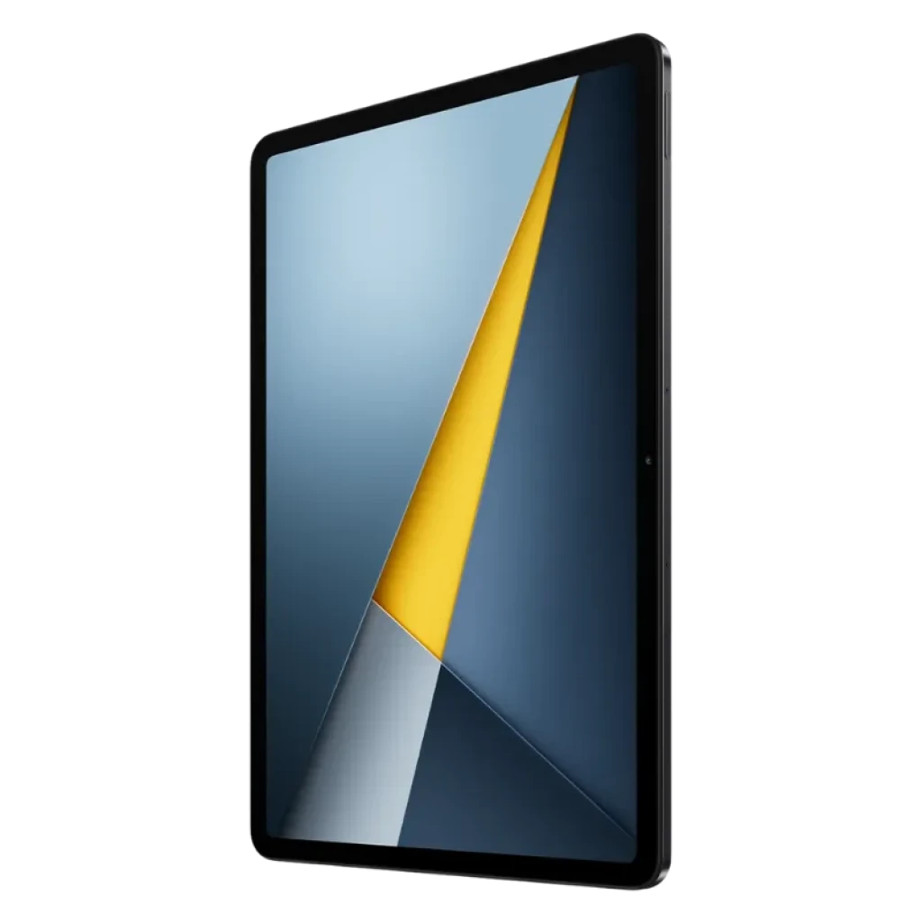 Xiaomi Poco Pad M1 Wifi 8GB/256GB Gris con pantalla grande de bordes finos, cuerpo delgado en tono oscuro y frontal con diseño geométrico azul y amarillo