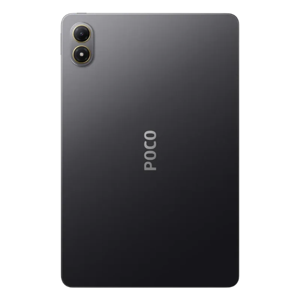 Xiaomi Poco Pad M1 Wifi 8GB/256GB Gris con trasera metálica oscura, logo POCO centrado y doble cámara trasera vertical con aros dorados en la esquina superior