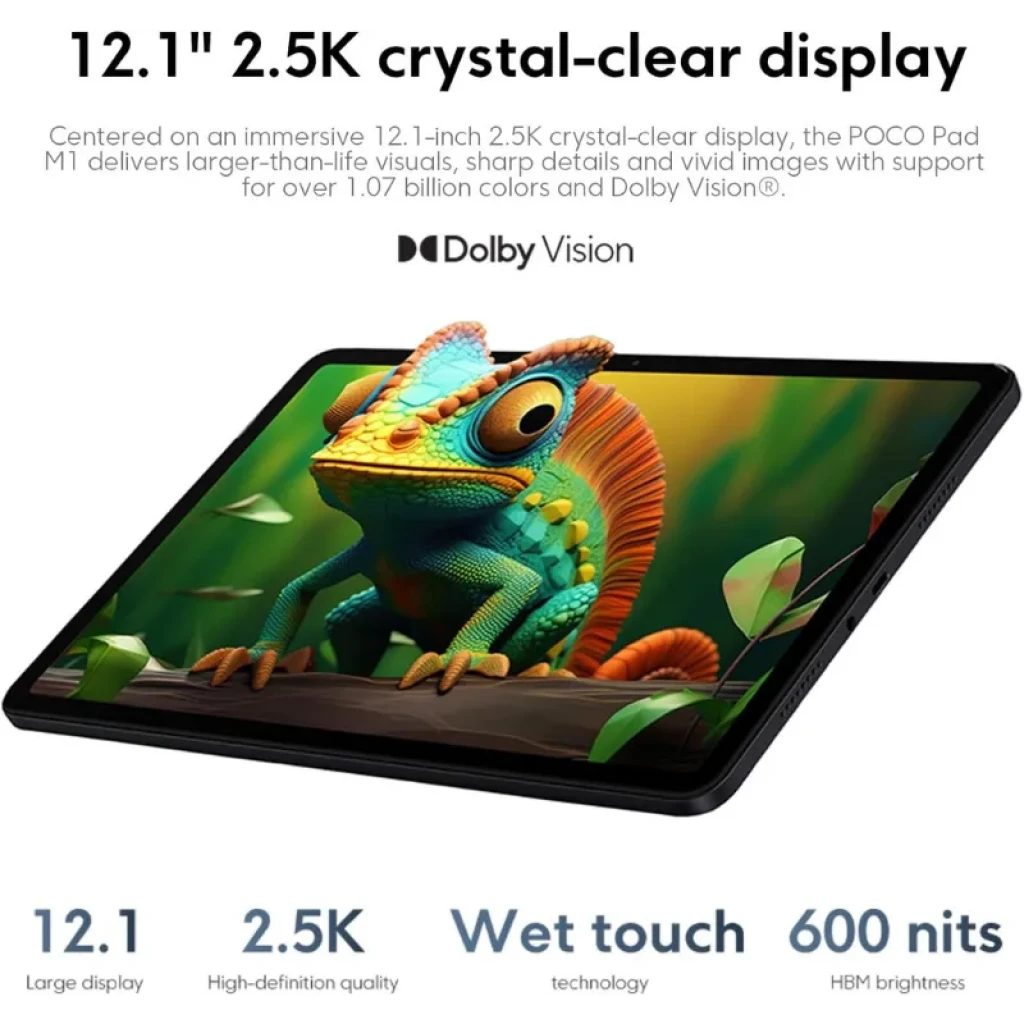 Tablet Xiaomi Poco Pad M1 Wifi 8GB/256GB gris con pantalla 12.1 pulgadas 2.5K, Dolby Vision, 600 nits y bordes delgados; imagen vívida de camaleón en pantalla