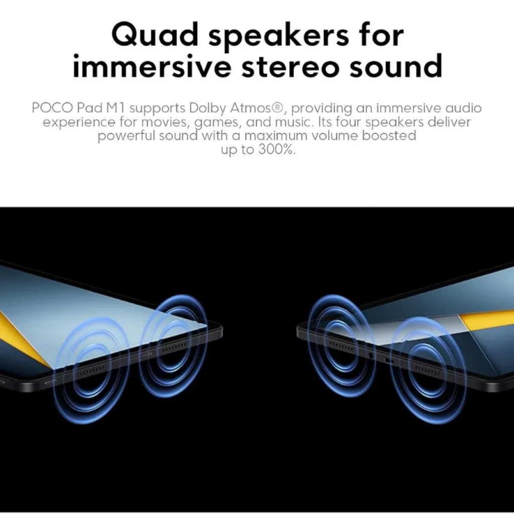 Xiaomi Poco Pad M1 Wifi 8GB/256GB Gris con cuatro altavoces estéreo Dolby Atmos, marcos finos y diseño moderno en gris; sonido potente y envolvente