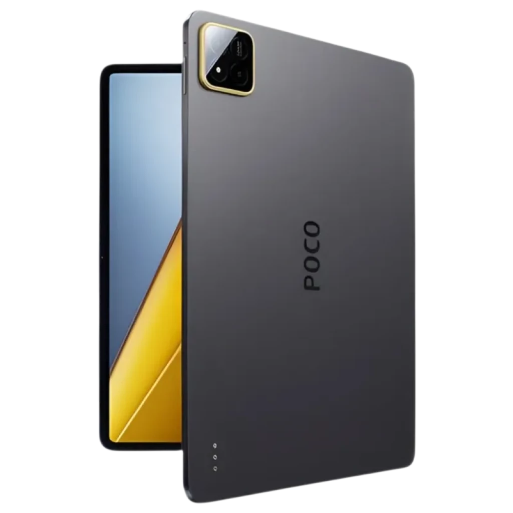 Xiaomi Poco Pad X1 Wifi 8Go/512Go Gris avec grand écran bord fin, dos gris mat, module photo carré avec liseré doré et logo POCO distinctif