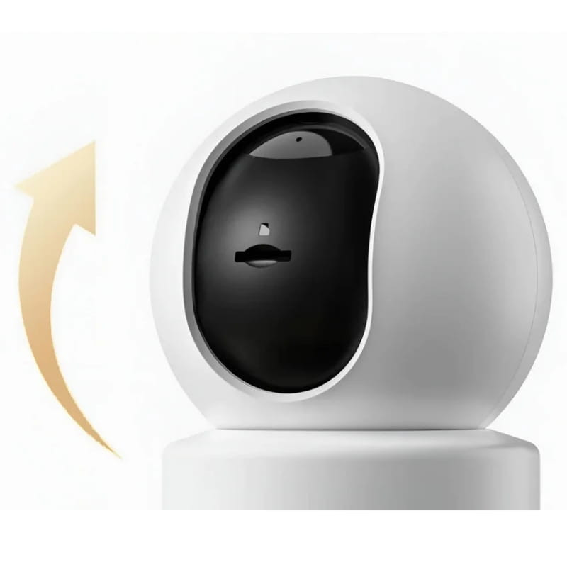 Xiaomi Smart Camera C302 3MP 2K WiFi 6, cuerpo blanco esférico con módulo negro, lente frontal y flecha que indica giro panorámico para vigilancia en