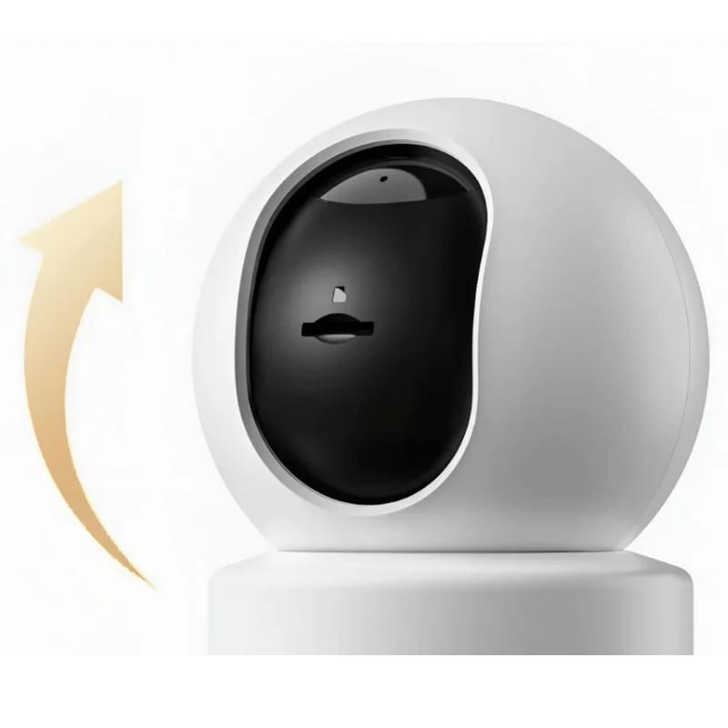 Xiaomi Smart Camera C302 3MP 2K WiFi 6, cuerpo blanco esférico con módulo negro, lente frontal y flecha que indica giro panorámico para vigilancia en