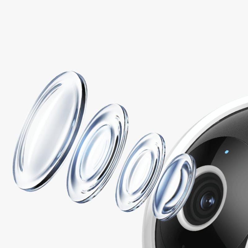 Xiaomi Smart Camera C302 3MP 2K WiFi 6 con lente de varias capas; primer plano del módulo óptico negro y elementos de vidrio mostrando el sistema de lentes